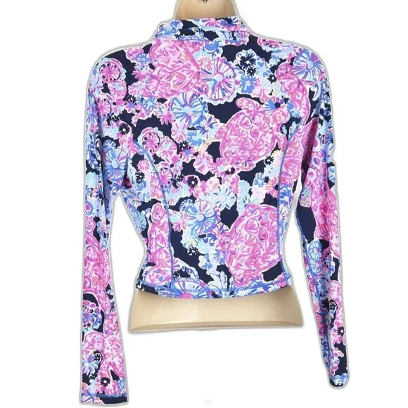 Lilly Pulizer Luxletic Pullover Cropped Black w/Floral Knit Shirt 1/4 Zip Size S - Picture 2 of 3